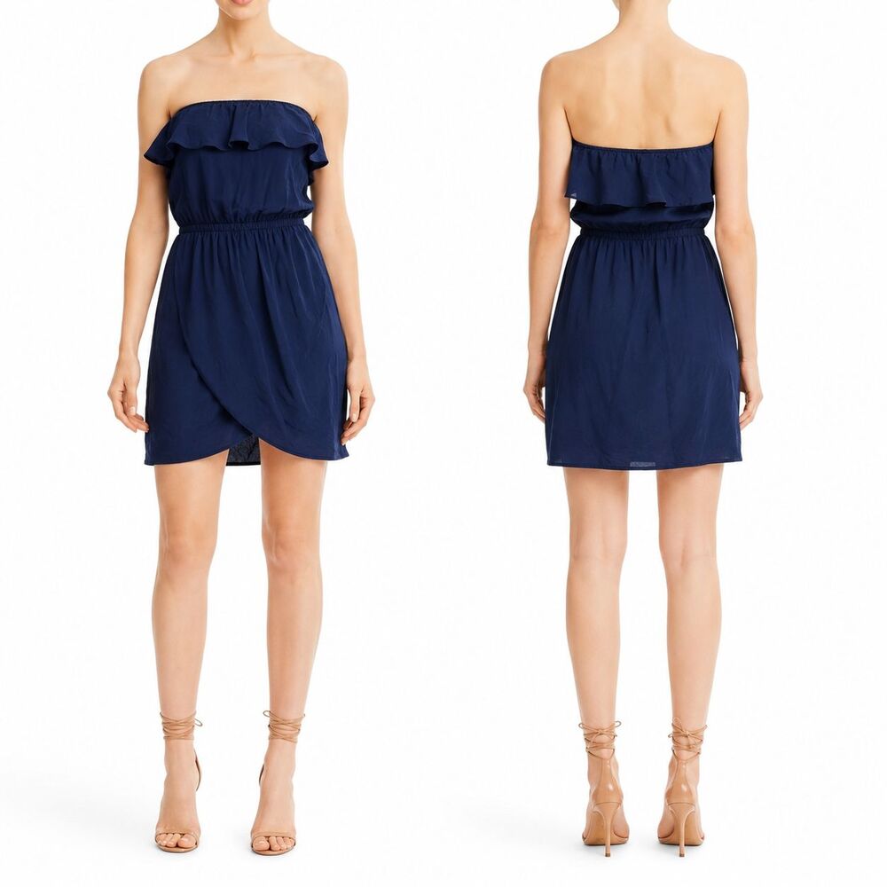 Amanda Uprichard Joan Dress Silk Strapless Navy Ruffle Mini Tulip Hem Womens M